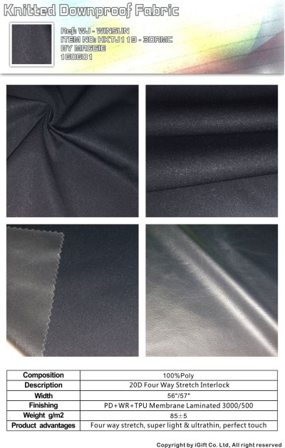 WJ-WNSN 針織羽絨面料4  Composition：100%Polyester  Description:20D針織四面彈+TPU低透明  Product advantages:四面彈彈力，超輕超薄 ，細膩手感 正面照